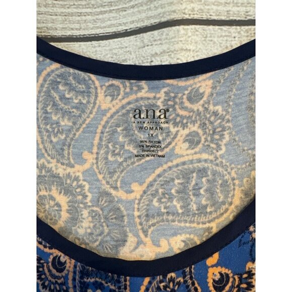 A.N.A Sleeveless Blue & Peach Paisley Dress 1X - Picture 2 of 4